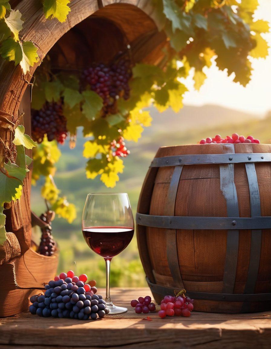A picturesque vineyard with lush grapevines basking in golden sunlight, a skilled winemaker in the foreground holding a glass of rich red wine, showcasing the transformation from grape to glass. In the background, a rustic wooden wine barrel and clusters of ripe grapes. Captivating elements of nature and winemaking tools enhance the scene. super-realistic. vibrant colors. serene atmosphere.