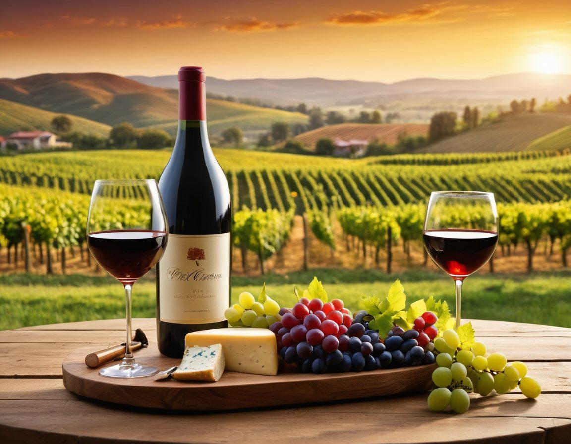 A beautiful vineyard landscape with rolling hills, ripe grapevines, and a golden sunset in the background. In the foreground, a wooden table is set with elegant wine glasses filled with red and white wine, cheese platters, and a corkscrew, inviting viewers to explore the world of wine. Subtle hints of wine barrels and a rustic winery in the distance enhance the cultural aspect of wine. super-realistic. warm tones. vibrant colors.