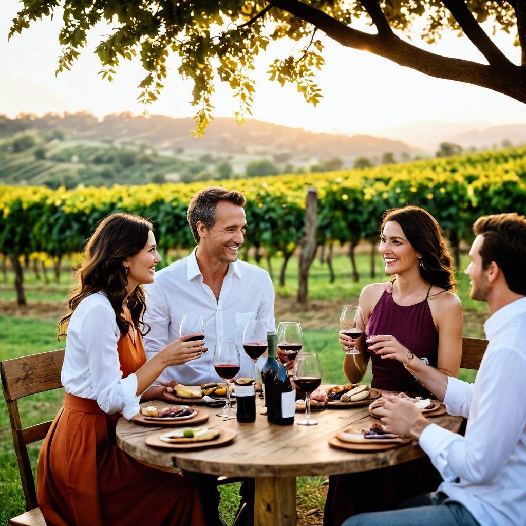 A lively wine-tasting event set in a picturesque vineyard, with diverse enthusiasts savoring various wines, elegantly dressed in casual attire. Include a long rustic table adorned with a selection of wine bottles, glasses, and delectable cheese platters, surrounded by lush grapevines under a warm golden sunset. The atmosphere buzzes with conversation and laughter, showcasing the joy of wine culture. super-realistic. vibrant colors. warm tones.